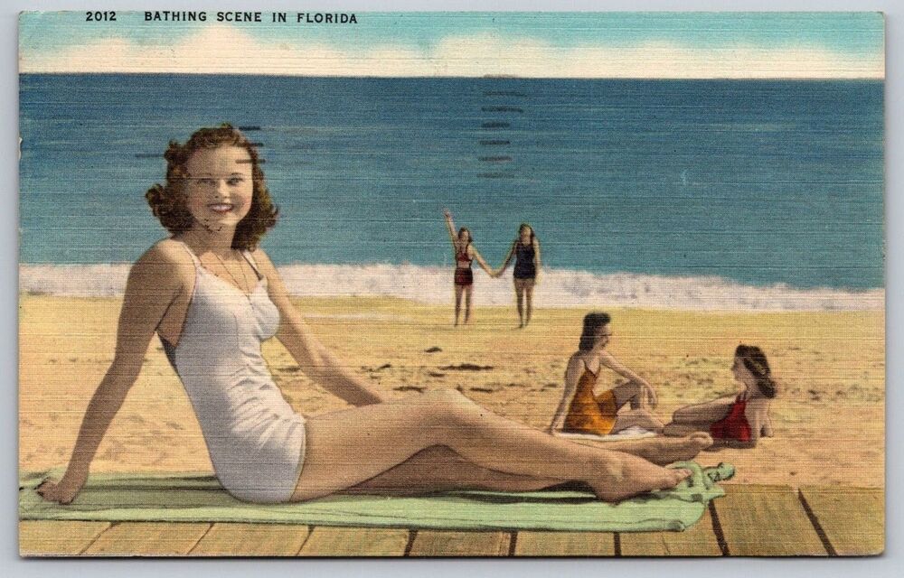 Vtg 1953 Florida Linen Postcard Bathing Scene Clearwater Beach Posted TRIMMED